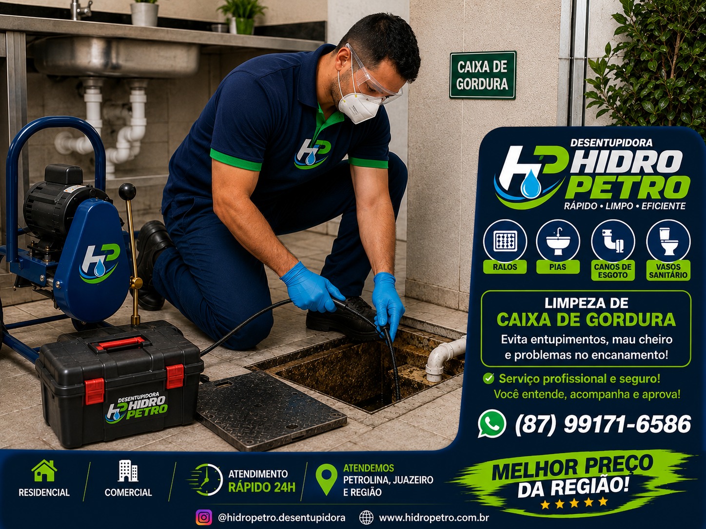 Técnico em uniforme Desentupidora Hidro Petro limpando caixa de gordura com máquina profissional
